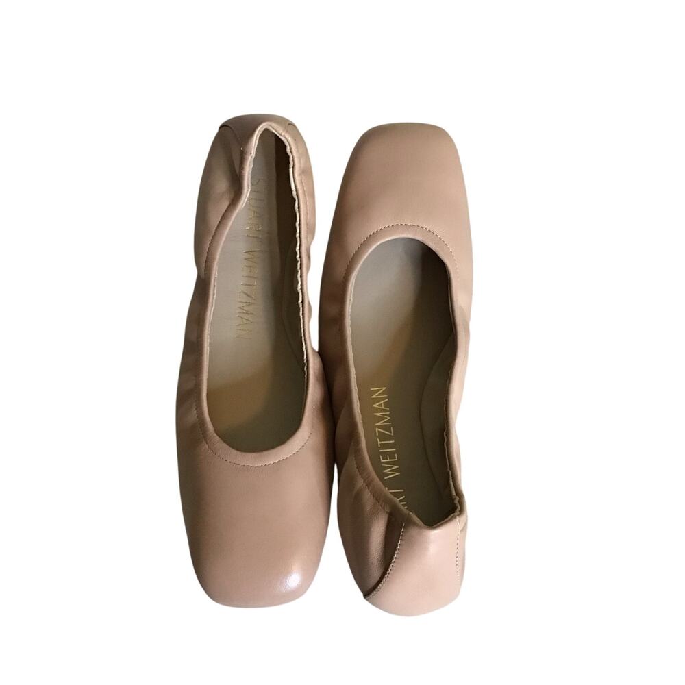 Stuart Weitzman nude leather ballet flats square toe ruched elastic detail 9.5